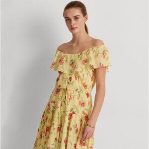 Ralph Lauren Womens Cottagecore Yellow Dress Size 12 Floral Ruffle Romantic